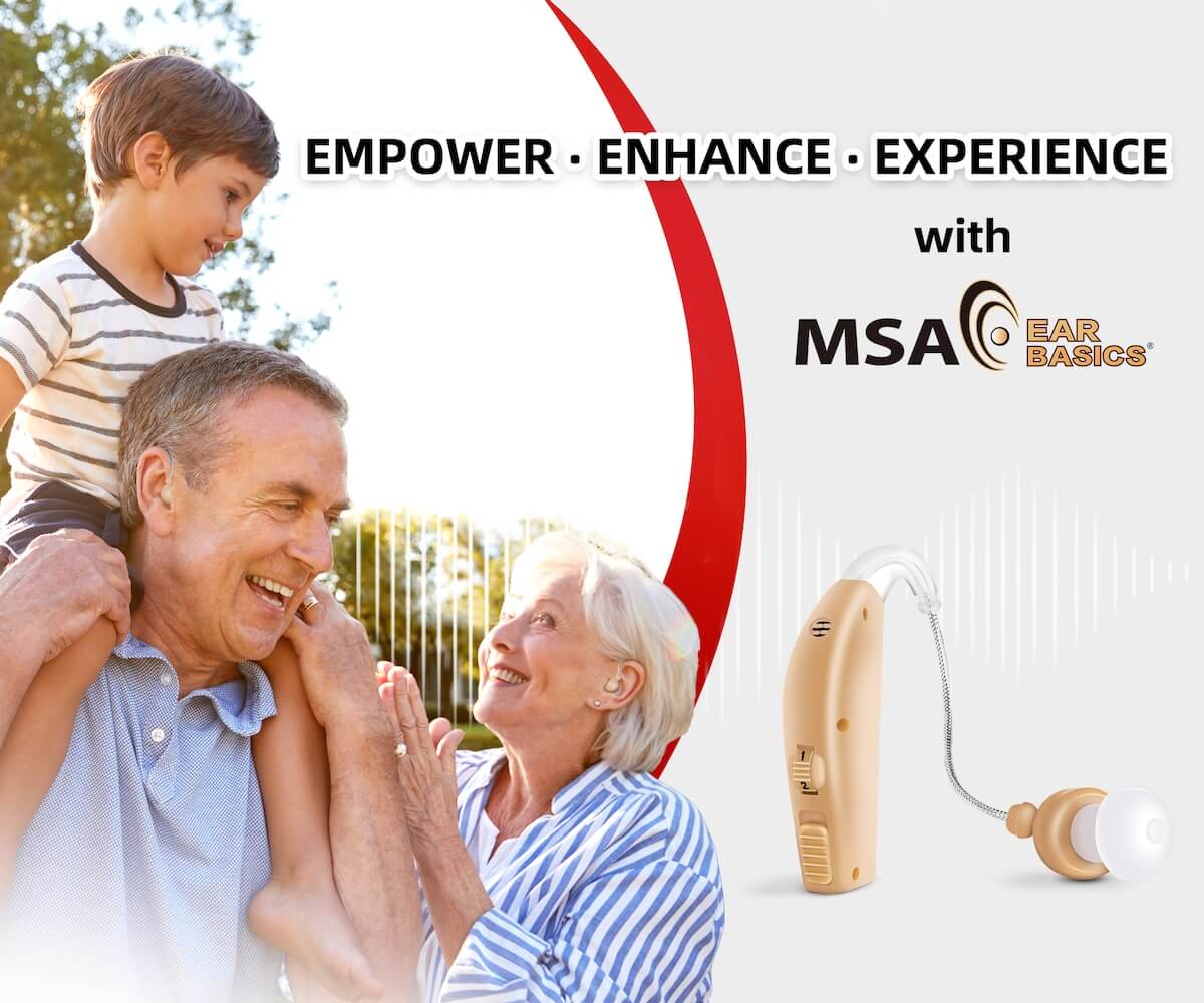 Grandparents and grandchild smiling at a park using MSA Ear Basics®